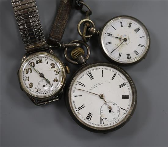 Two silver pocket watches and a gentlemans silver wrist watch.